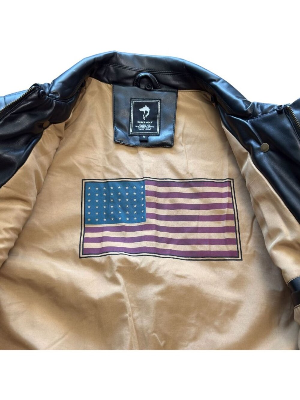 Vintage Shake Wolf Mens Bomber Jacket Faux Leather Black M Flag Lined - Picture 3 of 16